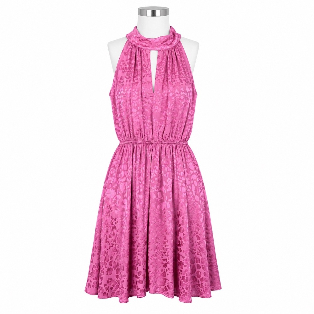 Anthropologie Halter Neck Mini Dress S Pink Leopard‎ Jacquard Keyhole Coquette